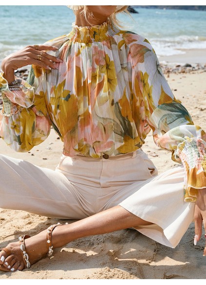 FLORAL DECORATION STAND NECK SHIFT ELEGANT  BLOUSE