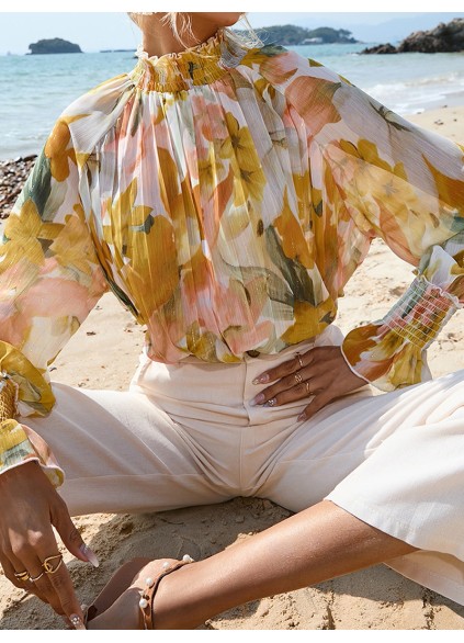 FLORAL DECORATION STAND NECK SHIFT ELEGANT  BLOUSE
