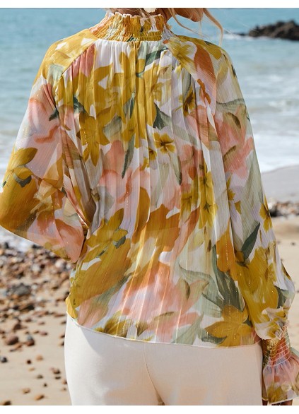 FLORAL DECORATION STAND NECK SHIFT ELEGANT  BLOUSE