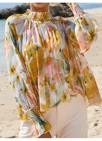 FLORAL DECORATION STAND NECK SHIFT ELEGANT  BLOUSE