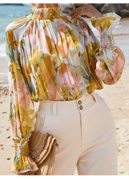 FLORAL DECORATION STAND NECK SHIFT ELEGANT  BLOUSE