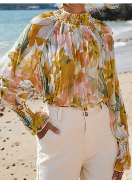 FLORAL DECORATION STAND NECK SHIFT ELEGANT  BLOUSE