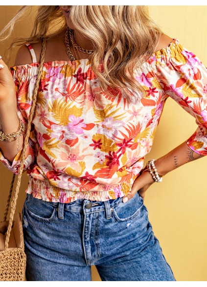 FLORAL KNOT PLEATED SHIRRED OFF THE SHOULDER SHEATH CASUAL BLOUSE