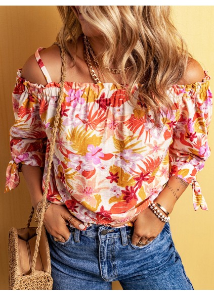 FLORAL KNOT PLEATED SHIRRED OFF THE SHOULDER SHEATH CASUAL BLOUSE