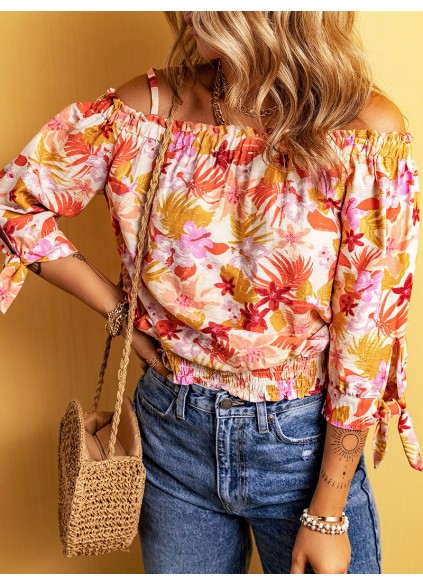 FLORAL KNOT PLEATED SHIRRED OFF THE SHOULDER SHEATH CASUAL BLOUSE
