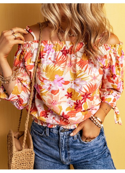 FLORAL KNOT PLEATED SHIRRED OFF THE SHOULDER SHEATH CASUAL BLOUSE