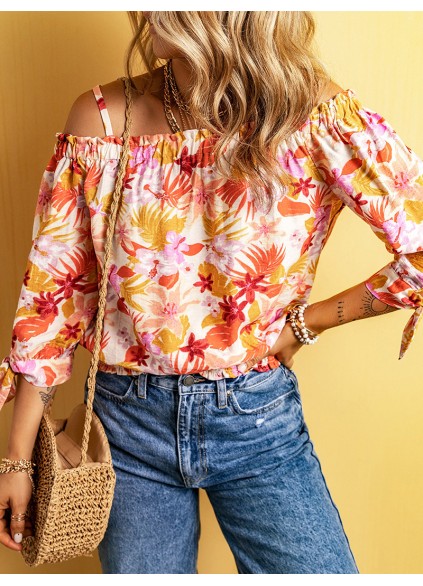 FLORAL KNOT PLEATED SHIRRED OFF THE SHOULDER SHEATH CASUAL BLOUSE