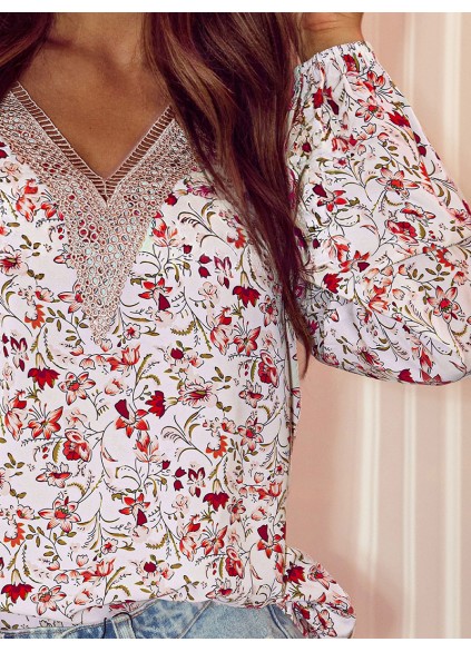 FLORAL LACE V NECK SHIFT CASUAL BLOUSE