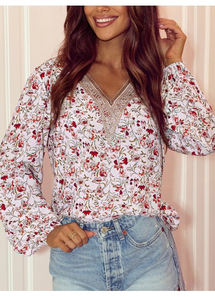 FLORAL LACE V NECK SHIFT CASUAL BLOUSE
