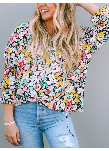 FLORAL NOTCHED V-NECK PUFF SLEEVE BLOUSE