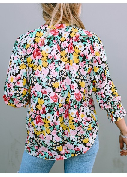 FLORAL NOTCHED V-NECK PUFF SLEEVE BLOUSE