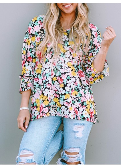 FLORAL NOTCHED V-NECK PUFF SLEEVE BLOUSE