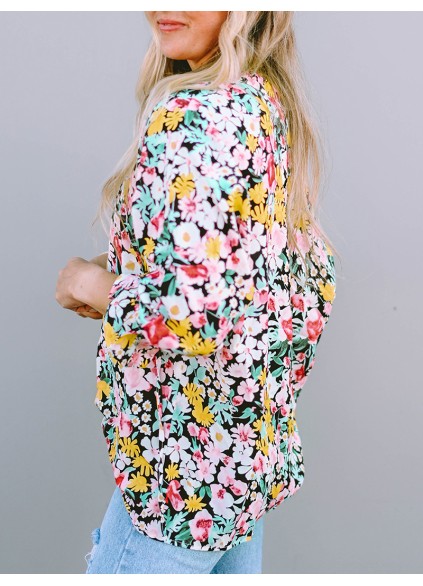 FLORAL NOTCHED V-NECK PUFF SLEEVE BLOUSE