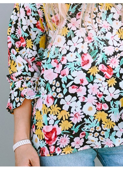 FLORAL NOTCHED V-NECK PUFF SLEEVE BLOUSE