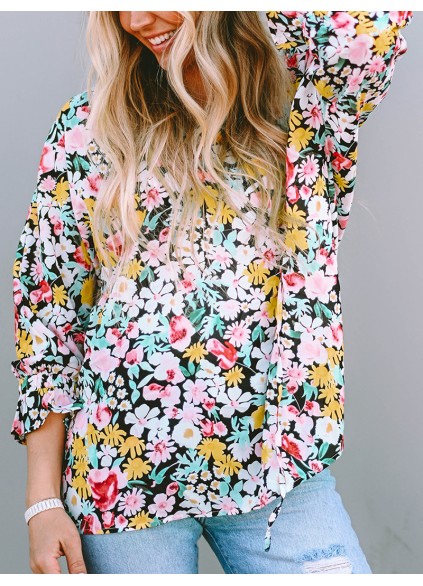 FLORAL NOTCHED V-NECK PUFF SLEEVE BLOUSE