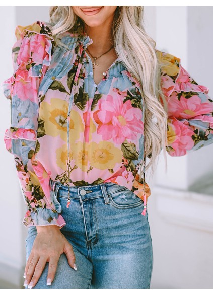 FLORAL PLEATED V NECK SHIFT CASUAL ELEGANT BLOUSE