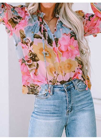 FLORAL PLEATED V NECK SHIFT CASUAL ELEGANT BLOUSE