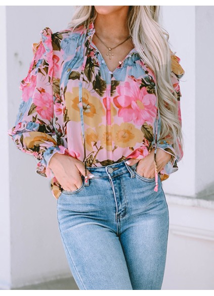 FLORAL PLEATED V NECK SHIFT CASUAL ELEGANT BLOUSE