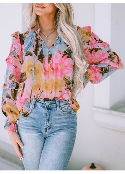FLORAL PLEATED V NECK SHIFT CASUAL ELEGANT BLOUSE