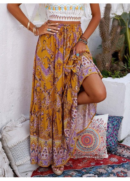 FLORAL PRINT RUFFLED DRAWSTRING MAXI SKIRT