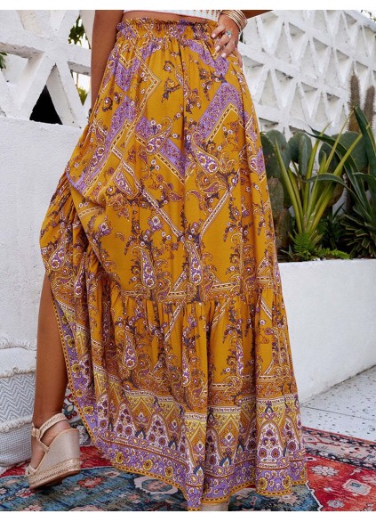 FLORAL PRINT RUFFLED DRAWSTRING MAXI SKIRT