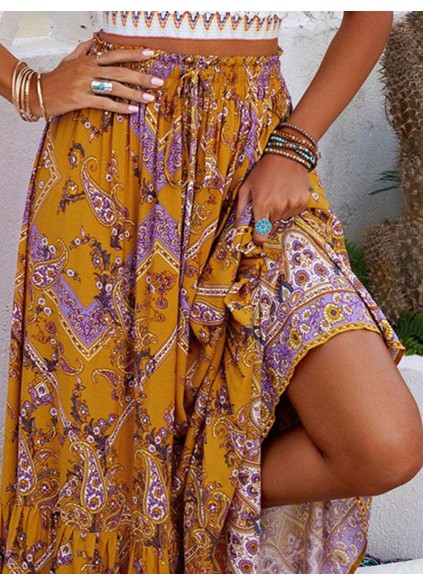 FLORAL PRINT RUFFLED DRAWSTRING MAXI SKIRT