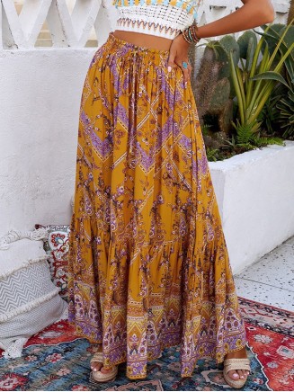 FLORAL PRINT RUFFLED DRAWSTRING MAXI SKIRT