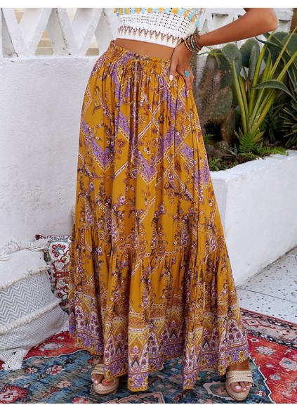 FLORAL PRINT RUFFLED DRAWSTRING MAXI SKIRT
