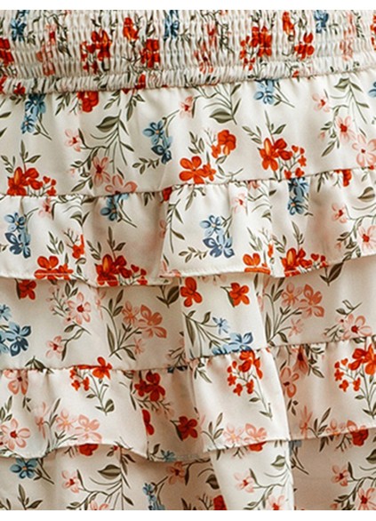 FLORAL SHIRRED RUFFLE FLARED CASUAL SKIRTS