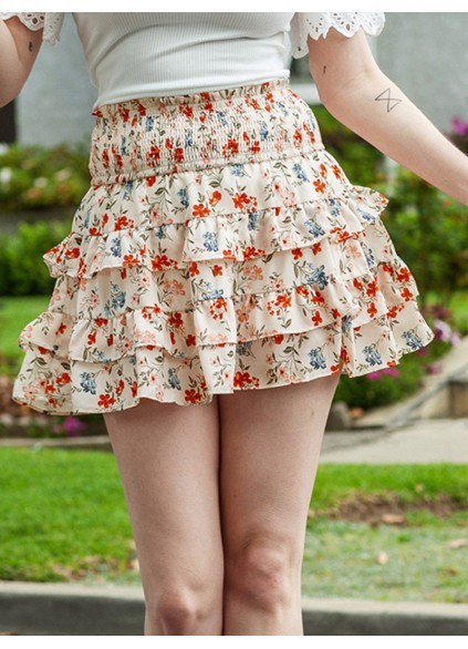 FLORAL SHIRRED RUFFLE FLARED CASUAL SKIRTS