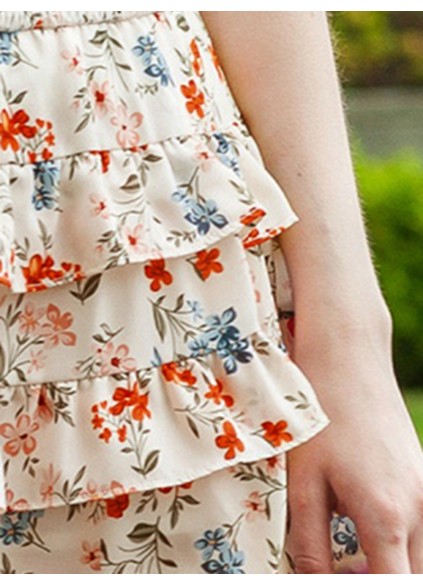 FLORAL SHIRRED RUFFLE FLARED CASUAL SKIRTS