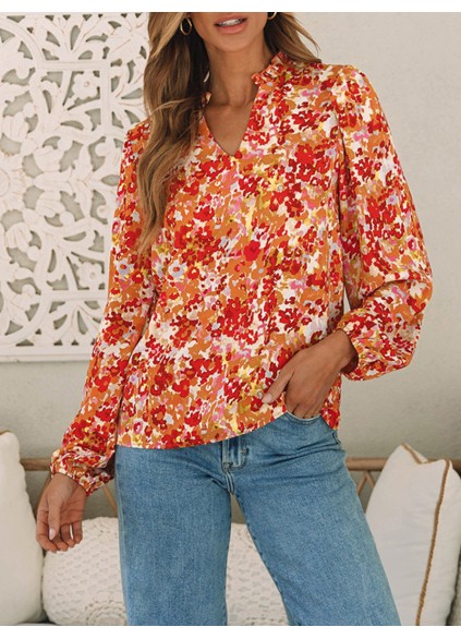 FLORAL V-NECK WOOD EAR HEM CASUAL SHIRT