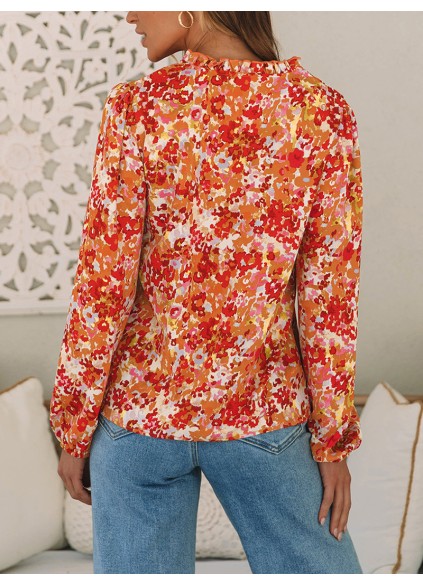 FLORAL V-NECK WOOD EAR HEM CASUAL SHIRT