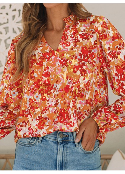 FLORAL V-NECK WOOD EAR HEM CASUAL SHIRT