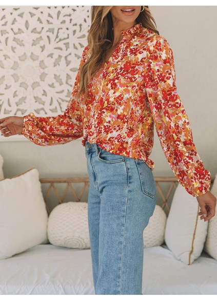 FLORAL V-NECK WOOD EAR HEM CASUAL SHIRT