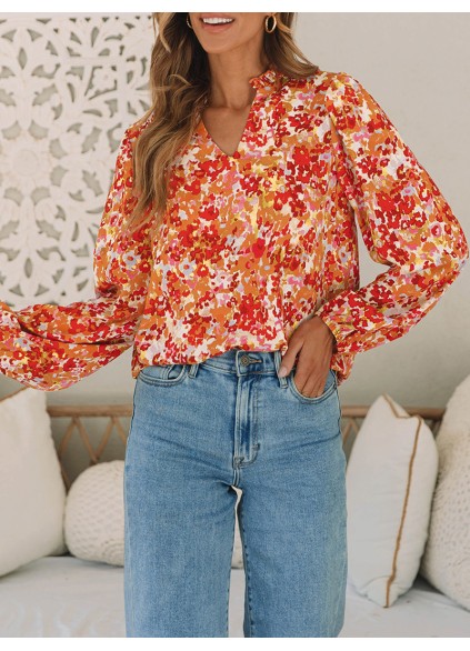 FLORAL V-NECK WOOD EAR HEM CASUAL SHIRT