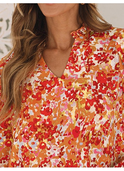 FLORAL V-NECK WOOD EAR HEM CASUAL SHIRT