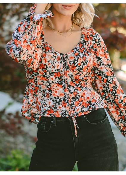 Flower pattern lace up casual top