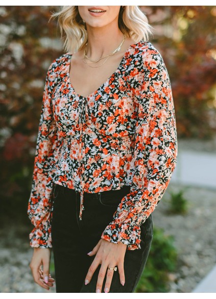 Flower pattern lace up casual top
