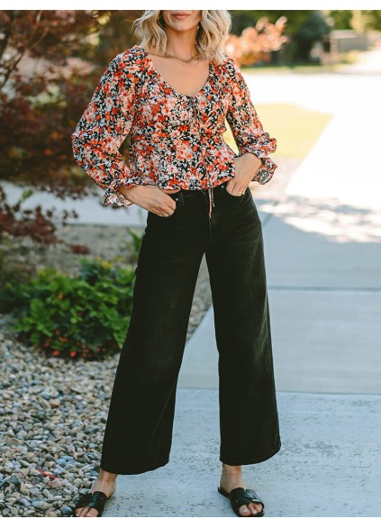 Flower pattern lace up casual top
