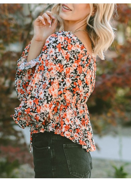 Flower pattern lace up casual top