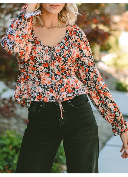 Flower pattern lace up casual top