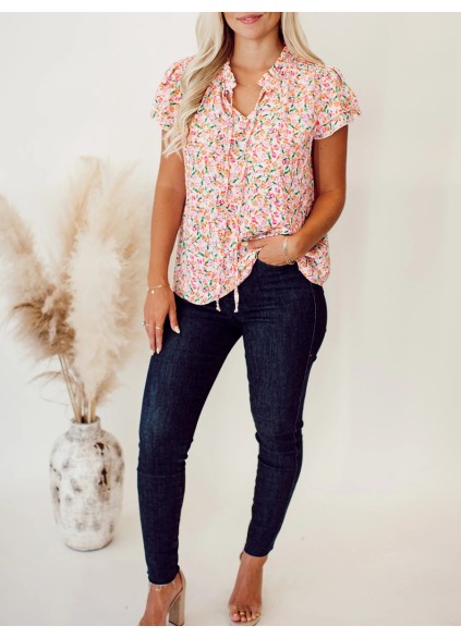Flower pattern tie up layered short sleeved top