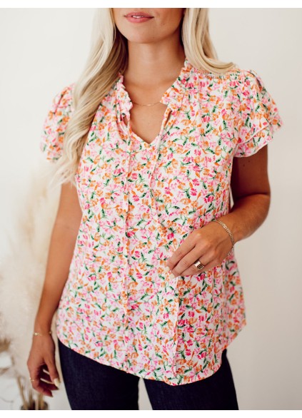 Flower pattern tie up layered short sleeved top