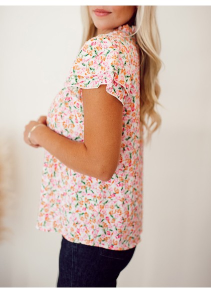 Flower pattern tie up layered short sleeved top