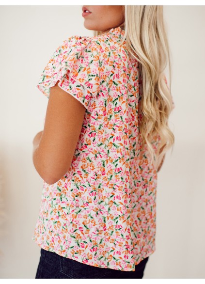Flower pattern tie up layered short sleeved top