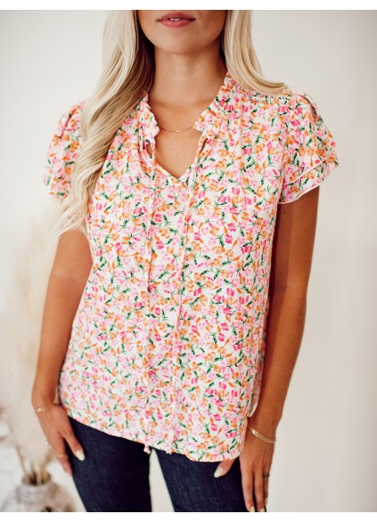 Flower pattern tie up layered short sleeved top