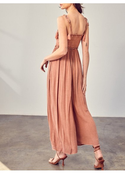 Front Chest V Line Smocked Jumpsuit