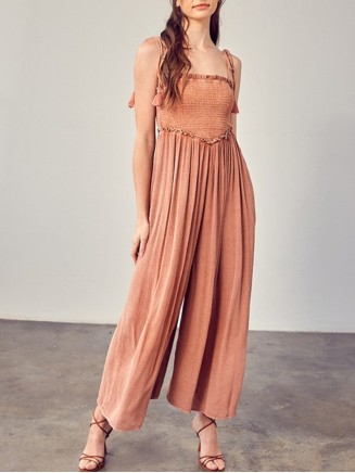 Front Chest V Line Smocked Jumpsuit