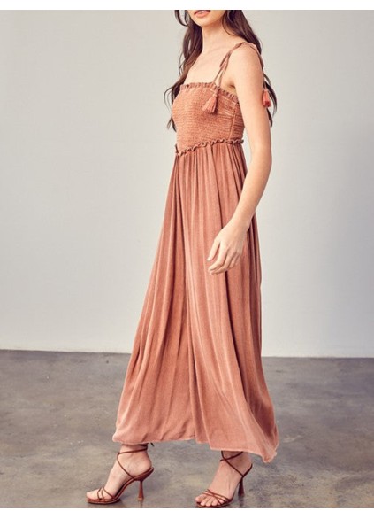 Front Chest V Line Smocked Jumpsuit